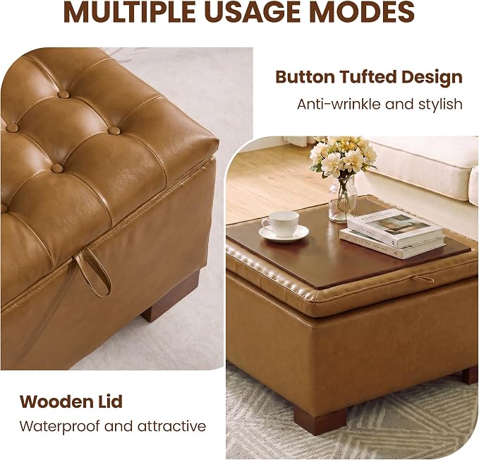 30 Inch Square Storage Ottoman Coffee Table, Modern Tufted Upholstered Ottoman with Flip Tray and Solid Wood Legs, Suitable for Living Rooms, Faux Leather Brown