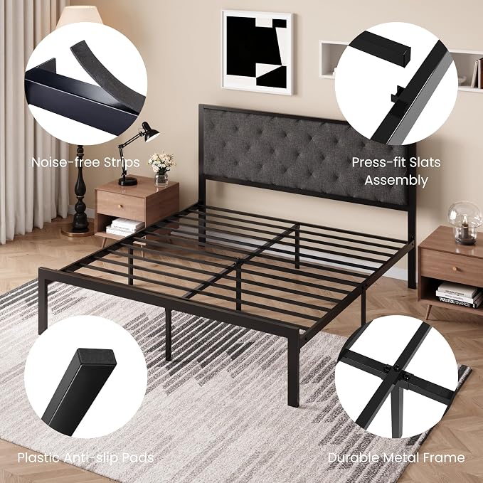 SHA CERLIN King Size Metal Bed Frame with Linen Tufted Headboard, Dark Gray | Modern Design Heavy-Duty Platform Bed, No Box Spring Need, Linen Fabric Upholstery, Noise Free, Easy Assembly