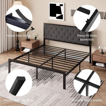 SHA CERLIN King Size Metal Bed Frame with Linen Tufted Headboard, Dark Gray | Modern Design Heavy-Duty Platform Bed, No Box Spring Need, Linen Fabric Upholstery, Noise Free, Easy Assembly