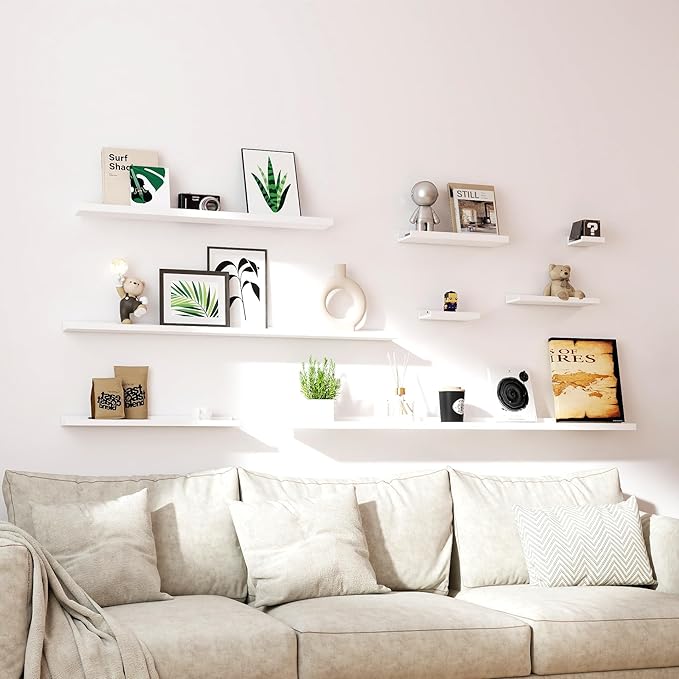 White Floating Shelves for Wall Decor, Wall Mounted Wood Storage Shelf for Bedroom, Living Room, Bathroom, Kitchen, Nursery, Display Picture Ledge Shelf with Lip Set of 2-16 Inches, White