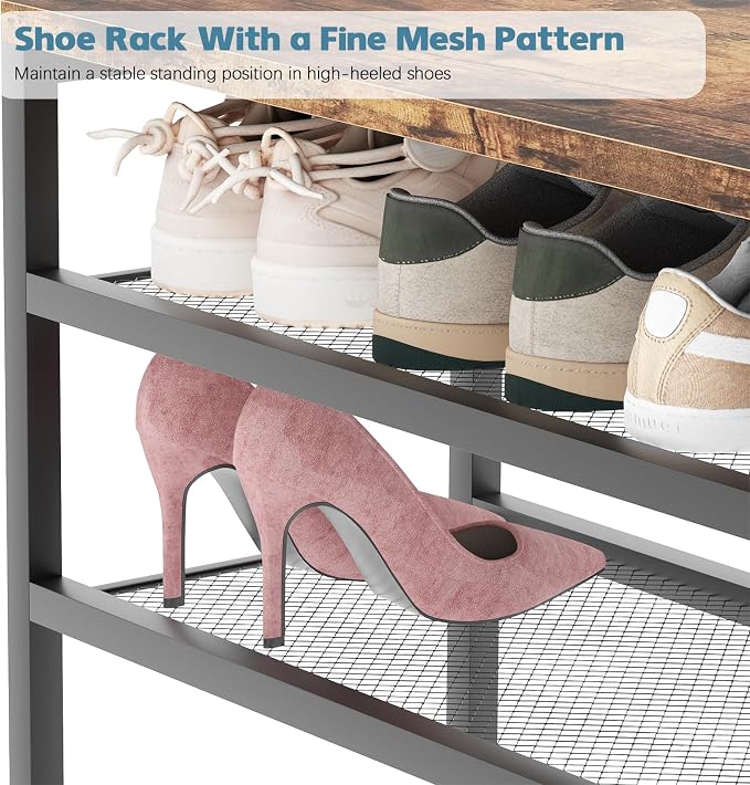 Shoe Rack for Entryway, Freestanding Hidden Shoe Storage Organizer, Boot Shoe Bench Shelves for High Heels with Seat cushion, Narrow Wood Shoe Rack for Entrance Closet, Hallway, 3 Tier (Gray+Black)