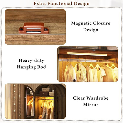 Squireewo 2 Doors Armoire Wardrobe Closet with Doors and Drawers, 71" Farmhouse Arched Wooden Wardrobe Cabinet with Mirror and Lights, Large Armoire Storage Cabinet with Shelves & Hanging Rod,Oak