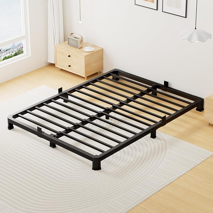 Superay 4 Inch Full Bed Frame Low Profile, Heavy Duty Metal Platform Bed Frame with Round Corner Legs, Sturdy Mattress Foundation, No Box Spring Needed, Easy Assembly, Noise Free, Black