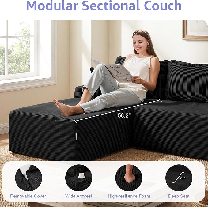 Hobestluk Modular Sectional Sofa Couches L-Shape Couch 3 Seat Modular Sofa Memory Foam Sectional Couches for Living Room, Cloud Couch with Oversized Chaise (Black Corduroy, 96", Left Hand Facing)