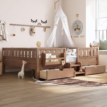 Bellemave Queen Size Bed with Slats and Stairs, Queen Size Platform Bed Frame with Fence, Bookshelf and Storage Drawers, Easy Assemble Beds for Girls, Boys, Natural