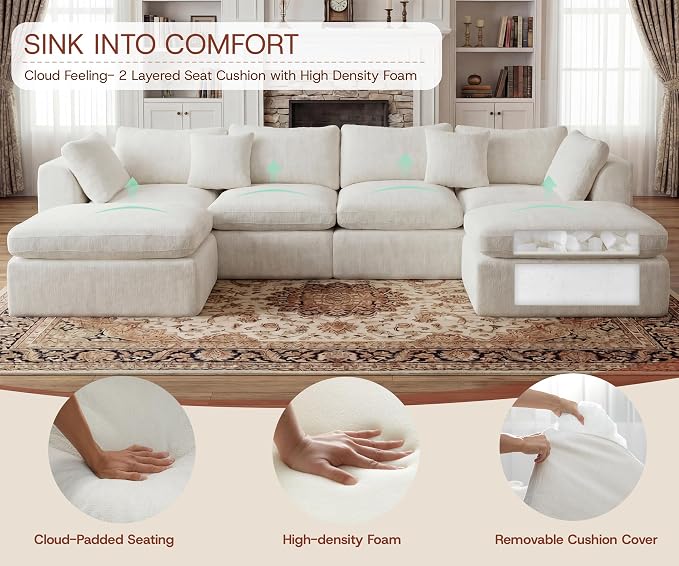 GRUSIGN 141'' Oversized Boneless Cloud Couch for Living Room, Modern Big Sectional Compressed U Shape Couch with 2 Ottoman, Comfy Chenille Deep Seat Memory Foam Spineless 6 Seater Sofa, Beige