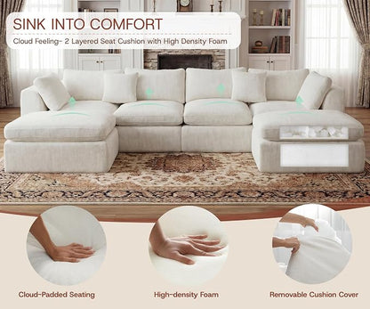 GRUSIGN 141'' Oversized Boneless Cloud Couch for Living Room, Modern Big Sectional Compressed U Shape Couch with 2 Ottoman, Comfy Chenille Deep Seat Memory Foam Spineless 6 Seater Sofa, Beige