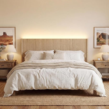 Queen Size Headboard Only, Modern Fluted Wall-Mounted Head Board with Lighting, Boho Wood Bed headboard Stylish Bedroom Decor, Natural