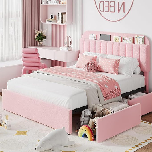 IDEALHOUSE Full Bed Frame with 2 Flexible Drawers and Bookcase Headboard, Boucle Upholstered Platform Bed for Girls, Noise-Free, Easy Assembly, No Box Spring Needed, Pink