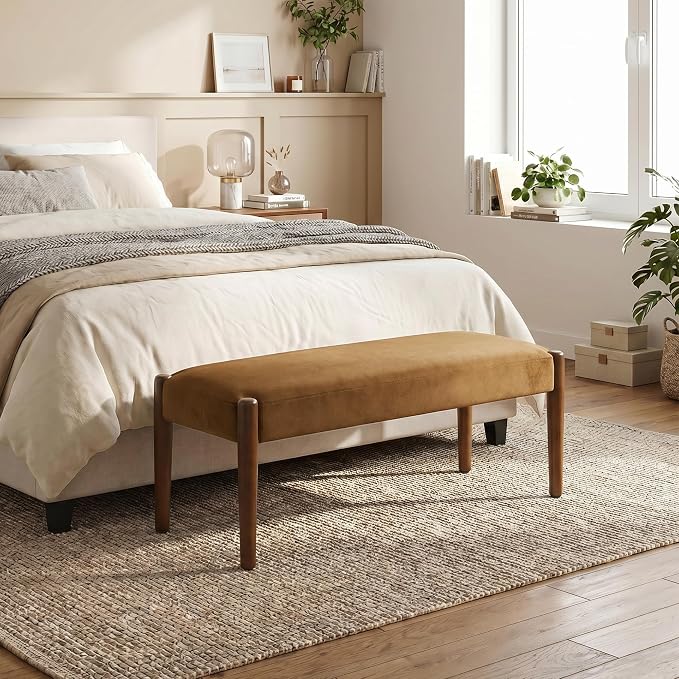 Usaint 42" End of Bed Bench, Modern Upholstered Bedroom Bench with Rubberwood Legs, Entryway Bench with Cushion, Dining Bench for Living Room, Bedroom, Caramel Orange with Walnut Leg