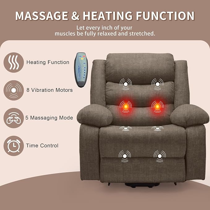 Korser Oversized Power Lift Recliner for Elderly, Electric Recliner Chairs with Massage and Heat, Extra Wide Recliner with Side Pockets, Reclining Chair for Living Room (Cashmere, Brown)