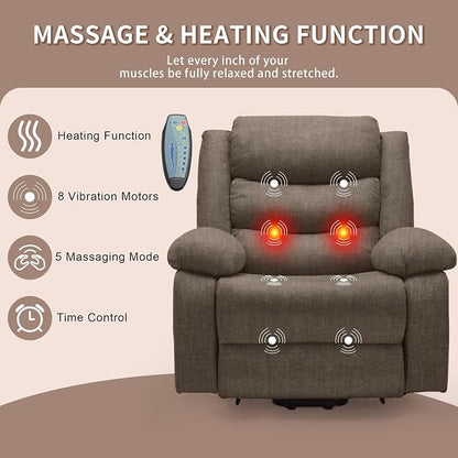 Korser Oversized Power Lift Recliner for Elderly, Electric Recliner Chairs with Massage and Heat, Extra Wide Recliner with Side Pockets, Reclining Chair for Living Room (Cashmere, Brown)