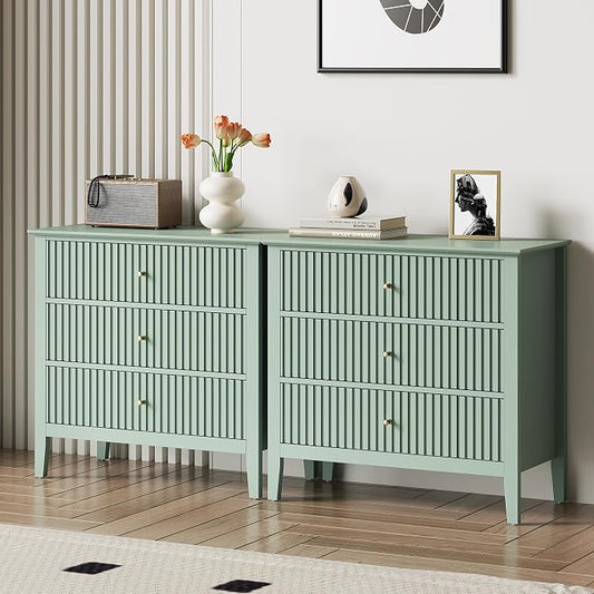 RoyalCraft 32" Large Nightstand Set of 2, Fluted Painted Wood Bedside Table with 3 Spacious Drawers, Modern End Table for Bedroom, Living Room, Light Green