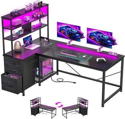 DurayLoly L Shaped Gaming Desk with 3 Fabric Drawers & Shelves for Storage | Reversible Computer Desk with LED Lights, Power Outlet and PC Stand of Home Office Desk for Bedroom,Dorm,Gaming Room,Black