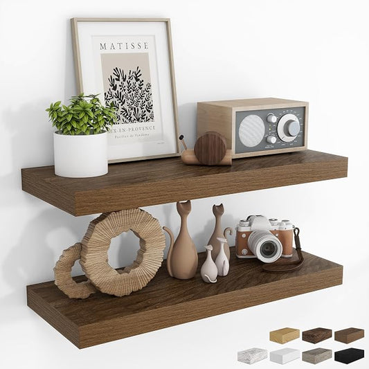 RICHFOCUS 28Inch Floating Shelves for Wall 2 Pack Shelves for Bedroom|Kitchen|Bathroom|Laundry Room Rustic Wood Wall Mounted Shelf with Invisible Brackets for Books|Storage|Decor, Walnut