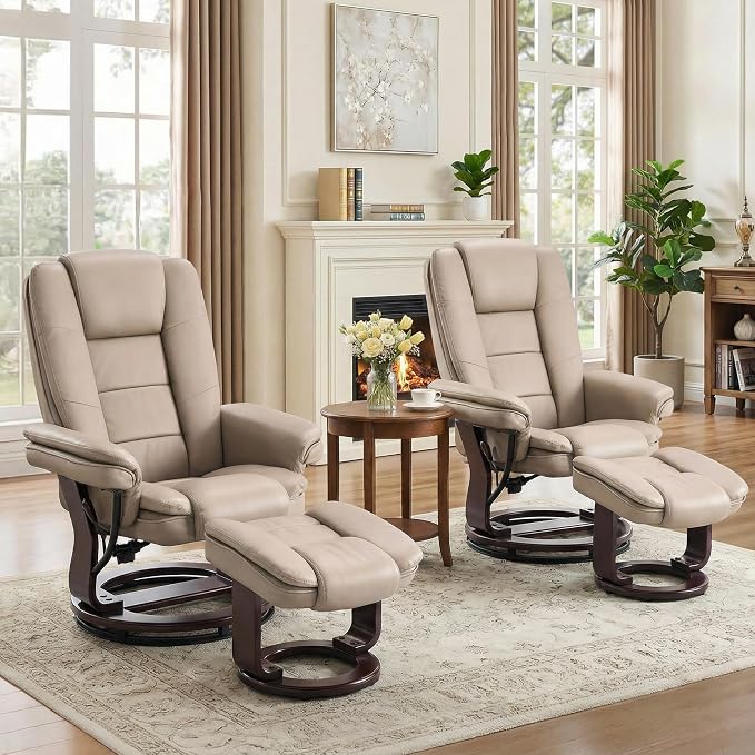 Swivel Recliner Chair with Ottoman Reclining Lounge Sofa Footrest, Set of 2 | 360°Sturdy Wood Base, Soft PU Leather, Upholstered Ultra-Plush Foam, Modern Armchair, Living Room Bedroom Office Reading Home