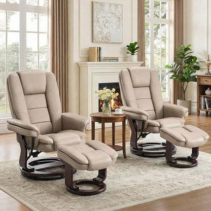 Swivel Recliner Chair with Ottoman Reclining Lounge Sofa Footrest, Set of 2 | 360°Sturdy Wood Base, Soft PU Leather, Upholstered Ultra-Plush Foam, Modern Armchair, Living Room Bedroom Office Reading Home