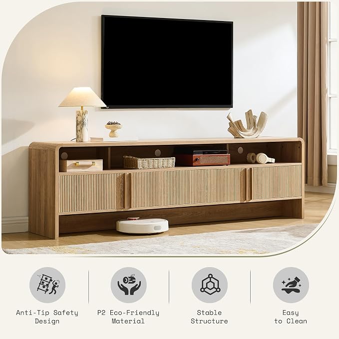 AMERLIFE Modern TV Stand for TVs up to 80", 70 inch Fluted TV Console with Storage Cabinets, Wood Entertainment Center Media Console for Living Room, Natural Oak