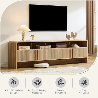 AMERLIFE Modern TV Stand for TVs up to 80", 70 inch Fluted TV Console with Storage Cabinets, Wood Entertainment Center Media Console for Living Room, Natural Oak