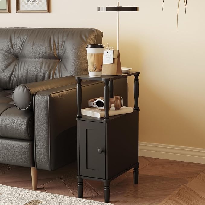 Veegle Narrow Nightstand,Skinny End Side Table (Black) | Mid-Century Modern Night stand with Storage,bedside table for Bedroom and Living Room