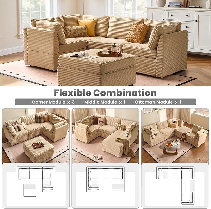 ovios Modular Sectional Sofa Couch with Sofa Bed L-Shape Chaise, Comfy Plush Corduroy Cloud Couches, Modern Luxury Deep Seat Sofas Set for Living Room, 5-Seater, Beige