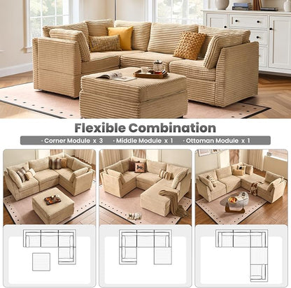 ovios Modular Sectional Sofa Couch with Sofa Bed L-Shape Chaise, Comfy Plush Corduroy Cloud Couches, Modern Luxury Deep Seat Sofas Set for Living Room, 5-Seater, Beige