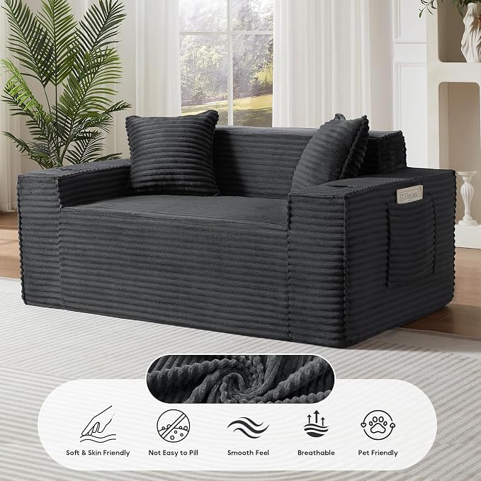 Boneless Sectional Sofa Couch with Cup Holders & Side Pockets, Modern Corduroy Fabric Deep Seat Loveseat Cloud Couch for Living Room Office, No Assembly (Grey)