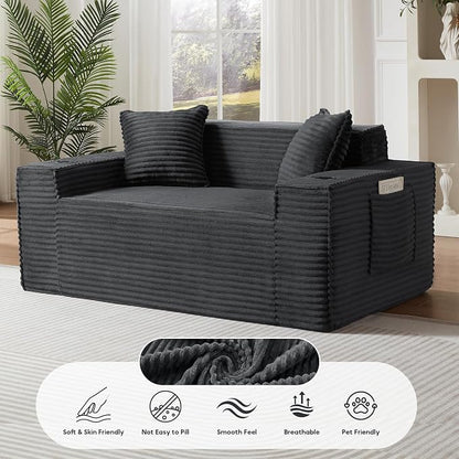 Boneless Sectional Sofa Couch with Cup Holders & Side Pockets, Modern Corduroy Fabric Deep Seat Loveseat Cloud Couch for Living Room Office, No Assembly (Grey)