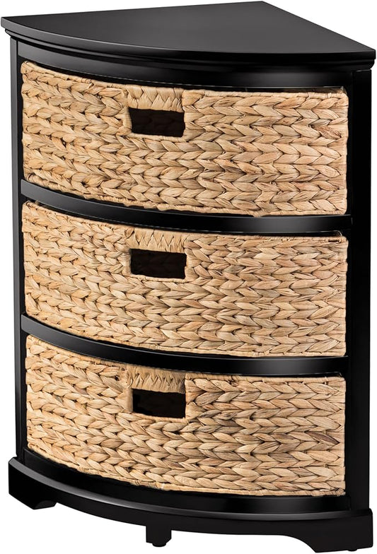 eHemco Hampton Meadows 3 Tier X-Side Corner Table Storage Cabinet, Black | 3 Wicker Baskets