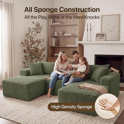 Claiks 104" Boneless Couch, Cloud Couch Sectional, U-Shape Corduroy Modular Sectional Sofa Deep Seat, Upholstered Couches for Living Room, No Assembly Required, Green