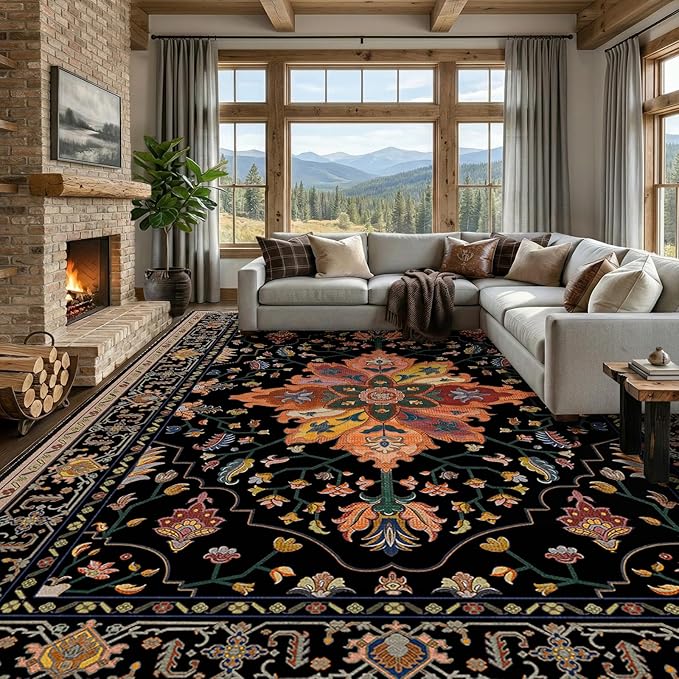 RELEANY Area Rugs Large 9'x12' Washable Non-Slip, Floral Vintage Distress Medallion Carpet for Living Room Bedroom Dining Room, Black Colorful Floral Dark Tan