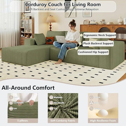 95" Cloud Sectional Couch with L-Shape Chaise, Modular Comfy Sofa Chaise Longue, Upholstered Corduroy Couches Sleeper with Deep Seat for Living Room Bedroom, No Assembly Required(Green, Left Facing)