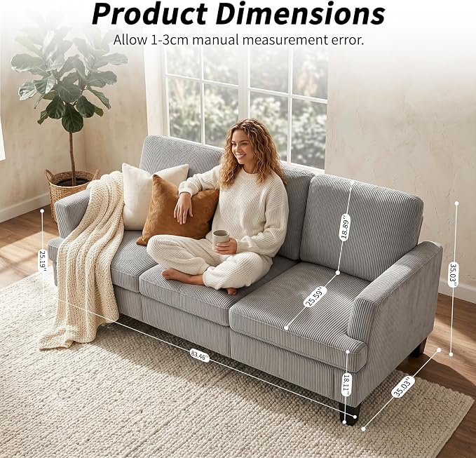 Modern 3 Seater Sofa for Living Room with Soft Deep Seats, Sofa 3 Seater in Linen, Upholstered Apartment Sofa with Armrests, Comfy Cozy Sofas for Bedroom (Corduroy, Light Grey)