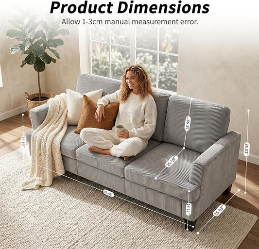 Modern 3 Seater Sofa for Living Room with Soft Deep Seats, Sofa 3 Seater in Linen, Upholstered Apartment Sofa with Armrests, Comfy Cozy Sofas for Bedroom (Corduroy, Light Grey)