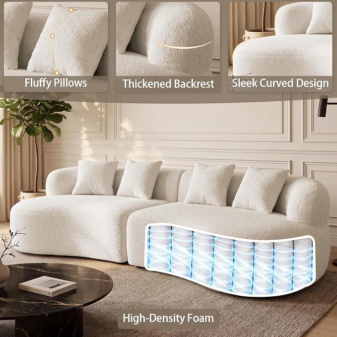 113" Curved Sectional Sofa Modern Cream Cloud Couch Modular Sectional Couches for Living Room Boneless Cloud Sofa Boucle Loveseat Comfy Chenille Deep Seat with 4 Pillows, Cream White