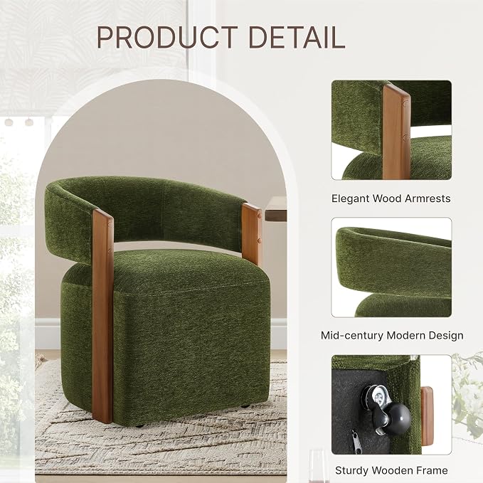KISLOT Upholstered Dining Chairs Set of 2, Modern Wooden Arm Kitchen & Dining Room Chairs with Hidden Casters, Fabric Padded Rolling Chairs, Sturdy Wood Frame, 300 lbs Capacity, Green