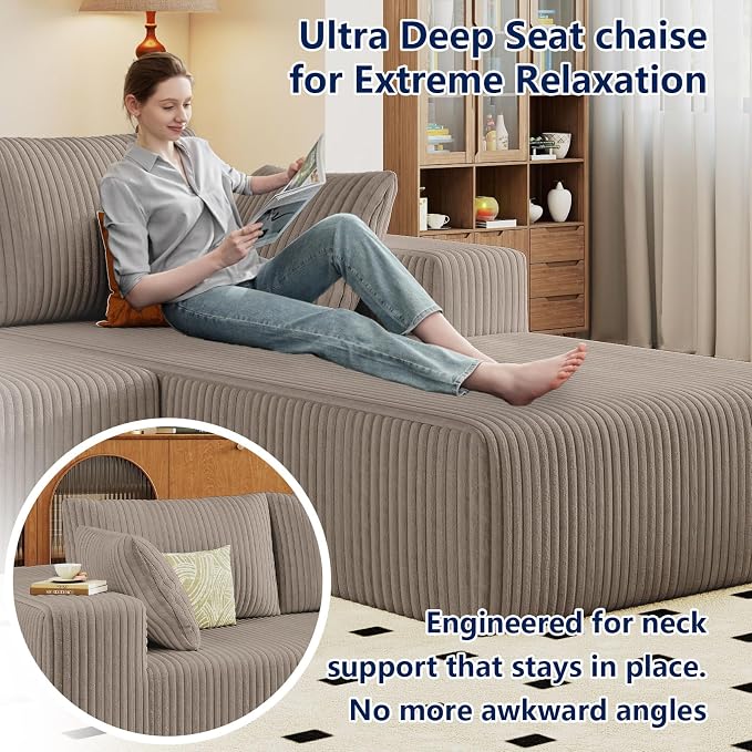 96" Modular Sectional Sofa, Modern Corduroy Cloud Couch with Deep Seat, Boneless Couch Upholstered 3-Seater L-Shaped Sofa for Living Room, No Assembly Required (Camel, Right-Facing Chaise)