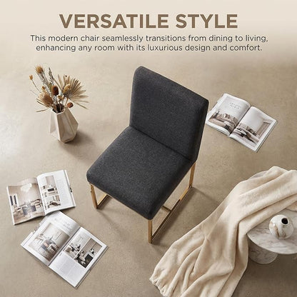 HNY Modern Dining Chairs Set of 6, Upholstered Linen Dining Room Chairs with Ergonomic Back & Polished Gold Metal Frame for Home, Kitchen, Apartment, Charcoal Black