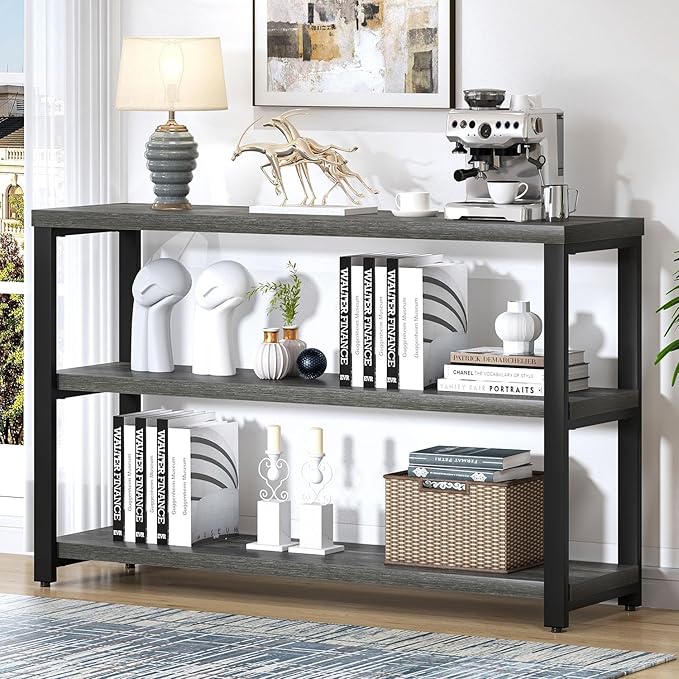 EXCEFUR 47 Inch Rustic Metal and Wood Entryway Table, Console Table Behind Couch with 3 Tier Storage Shelves, Sofa Table for Living Room Hallway Foyer, Industrial Grey