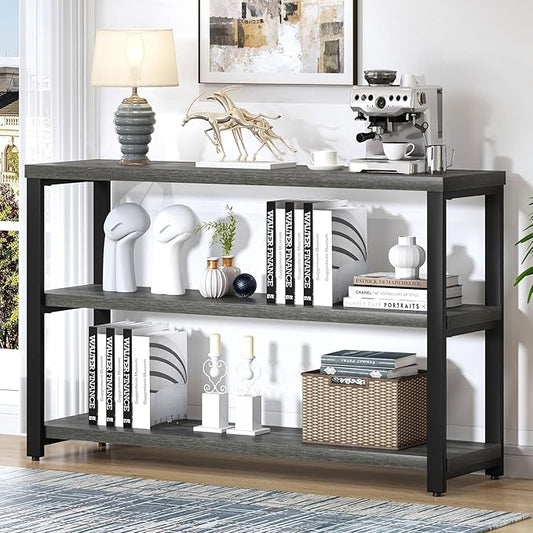 EXCEFUR 47 Inch Rustic Metal and Wood Entryway Table, Console Table Behind Couch with 3 Tier Storage Shelves, Sofa Table for Living Room Hallway Foyer, Industrial Grey