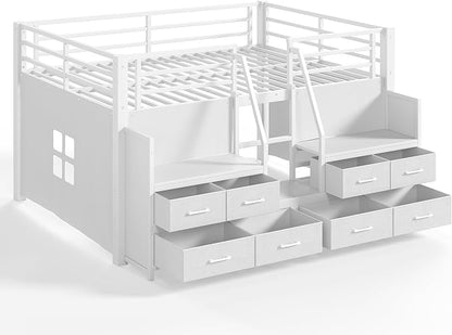 Bellemave Full Low Loft Bed,Metal Kids Loft Bed Frame for Boys Girls,White | Fabric Drawers,LED Lights,Storage Shelves,Under-bed Space,Space-saving