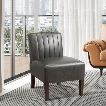 Armless Accent Chairs Upholstered Dining Chairs Living Room Chairs with Solid Wood Legs Leather Reading Chair for Adults Comfy Chair for Bedroom Vanity Kitchen (Grey)
