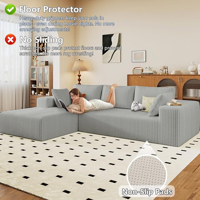 96" Modular Sectional Sofa, Modern Corduroy Cloud Couch with Deep Seat, Boneless Couch Upholstered 3-Seater L-Shaped Sofa for Living Room, No Assembly Required (Light Grey, Left-Facing Chaise)