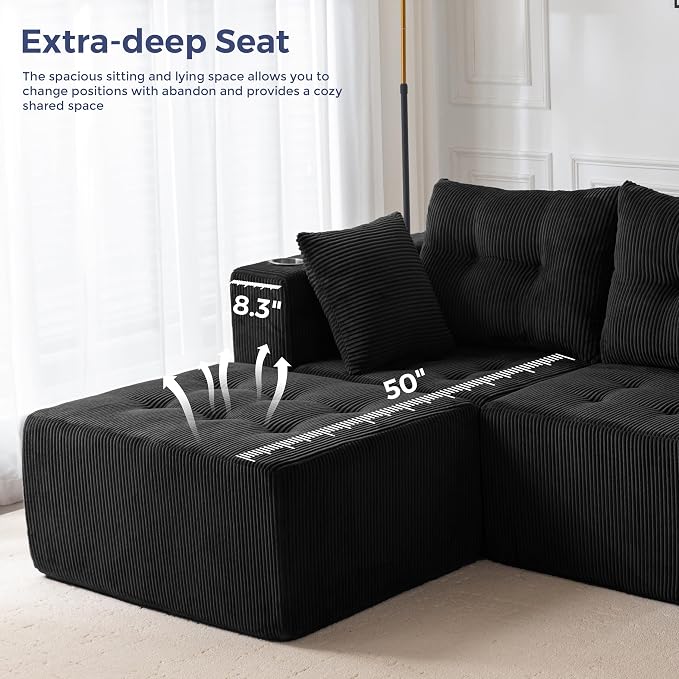 MAXYOYO Modular Sectional Sofa Couch, L Shaped Modern Cloud Couch with 1 Ottoman, Sofa in A Box, Tufted 4-Seat Boneless Chair for Living Room, No Assembly Required, Black
