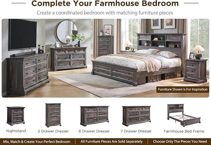 Farmhouse King Size Bed Frame with 54" Tall Headboard, Headboard with 4 Storage Rack, 2 Drawers, 18" Roman Column Decoration Footboard, Wood Platform Bed Frame, No Box Spring Needed(Dark Rustic Oak)