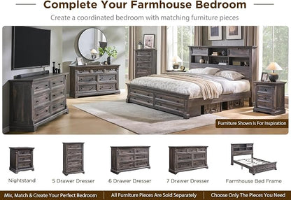 Farmhouse King Size Bed Frame with 54" Tall Headboard, Headboard with 4 Storage Rack, 2 Drawers, 18" Roman Column Decoration Footboard, Wood Platform Bed Frame, No Box Spring Needed(Dark Rustic Oak)