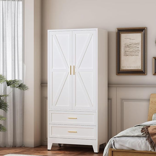 QINPTWUT 71" Tall Metal Wardrobe with Doors, Hanging Rod & Adjustable Shelf, Freestanding Steel Armoire for Bedroom Home Office, 2-Drawer White