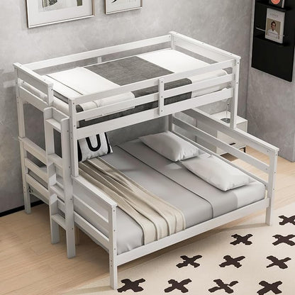 Wood Bunk Bed Twin XL Over Queen Size, Detachable Design Bunk Bed Frame with Safety Guardrail, Ladder and Sturdy Slats Support (White-4.21)