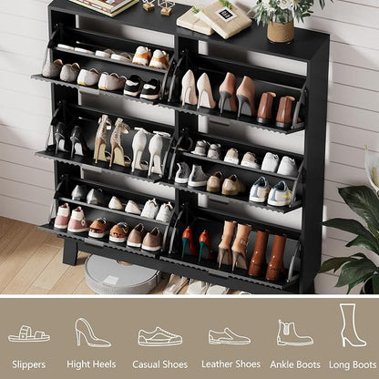 HUANLEGO Shoe Cabinet Storage for Entryway with 6 Flip Drawers, Fluted Narrow Shoe Organizer with Wooden Legs, Freestanding Slim Shoe Storage Hidden Shoe Rack Organizer for Front Door Entrance, Black
