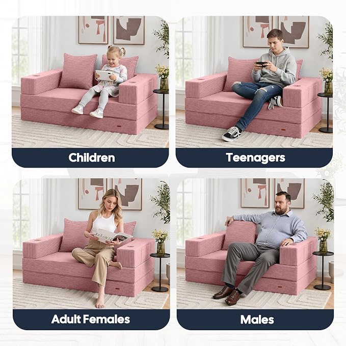 COMAX Futon Sofa Bed, Convertible Sofa Bed, Folding Boneless Couches | Boneless Couch for living room, 4‑in‑1 Fold Out Small Foldable Loveseat Floor Sleeper Mattress Lounge Space‑Saving, Pink